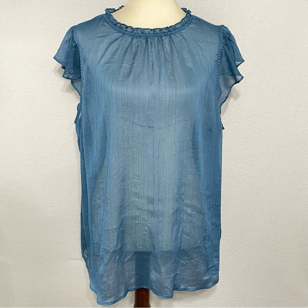 Torrid Blue Ruffle Sleeve Metallic Thread Sheer Blouse Size 2
